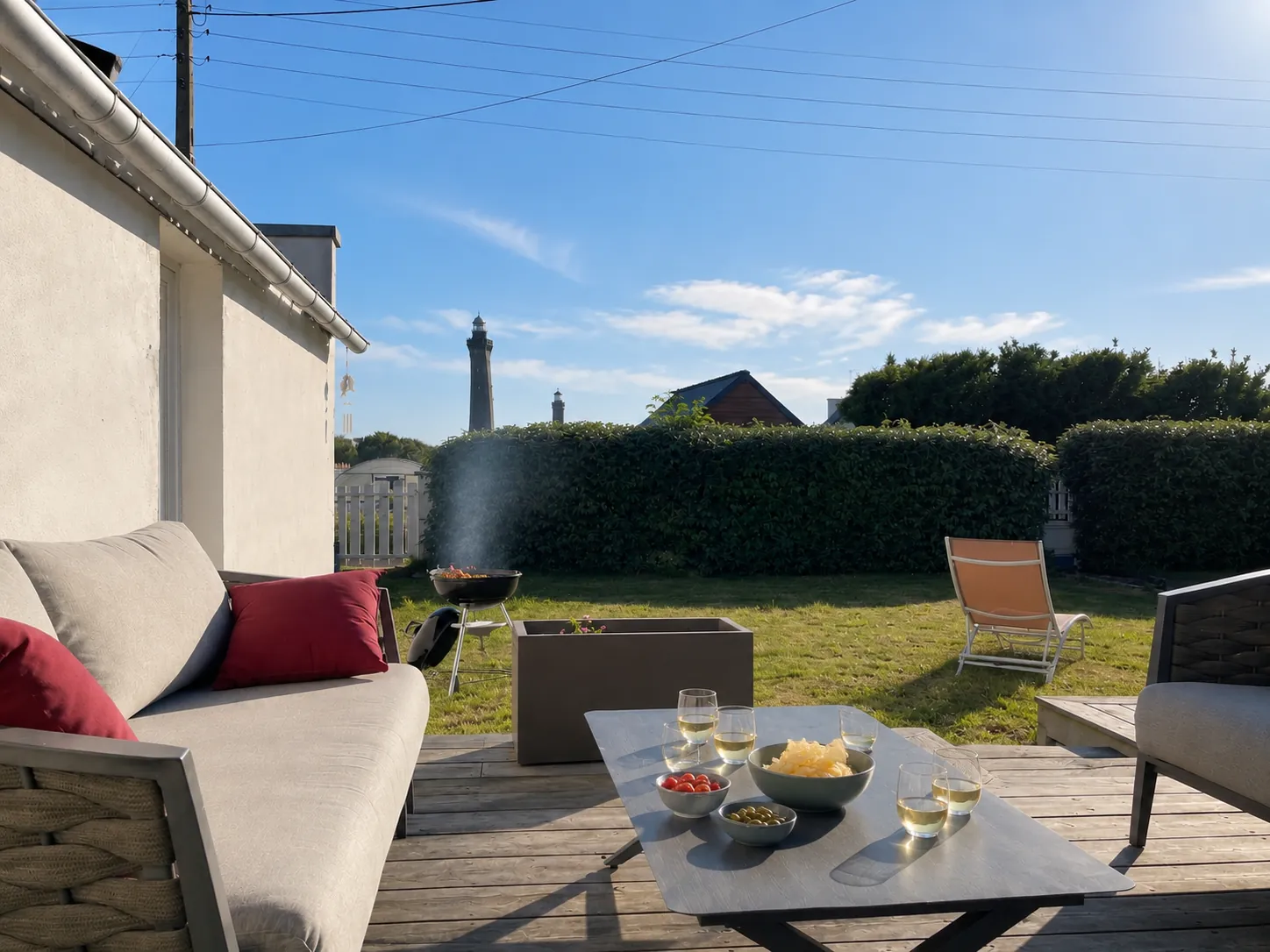 Terrasse de Ty Tan avec vue sur le phare d'Eckmühl, Penmarch, Pays Bigouden